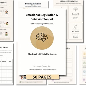 Puede incluir: Un conjunto de páginas imprimibles para un "Kit de herramientas de regulación emocional y comportamiento" para niños neurodivergentes. La portada presenta una ilustración de un cerebro y el texto "ABA-inspired Printable System" y "50 PAGES".