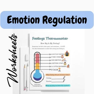 May include: A worksheet titled "Emotion Regulation" with a "Feelings Thermometer" graphic. The thermometer shows levels from "0 Calm" to "10 Out of Control." Includes prompts for measuring feelings and lowering the number. Two pencils are on the left.
