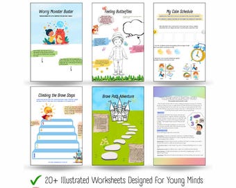 May include: A collection of six illustrated worksheets for young minds, featuring colorful graphics and text. Titles include "Worry Monster Buster," "Feeling Butterflies," and "My Calm Schedule." The bottom of the image reads "20+ Illustrated Worksheets Designed For Young Minds."