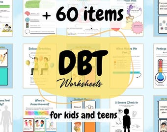 May include: A collection of DBT worksheets for kids and teens, featuring colorful illustrations and text. The image includes the text "60 items" and various topics such as "What is DBT?" and "5 Senses Check-In."