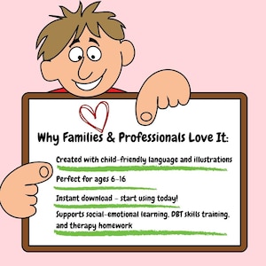May include: A cartoon illustration features a smiling boy holding a sign with text. The sign reads "Why Families & Professionals Love It:" and lists features like child-friendly language, ages 6-16, and instant download.