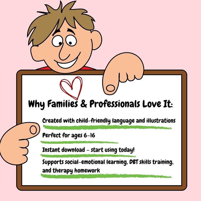 May include: A cartoon illustration features a smiling boy holding a sign with text. The sign reads "Why Families & Professionals Love It:" and lists features like child-friendly language, ages 6-16, and instant download.