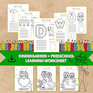 May include: A collection of printable kindergarten and preschool learning worksheets. The worksheets feature uppercase and lowercase letters with tracing guides, and illustrations of objects like a heart, unicorn, and monkey. The text "KINDERGARTEN + PRESCHOOL LEARNING WORKSHEET" is also visible.