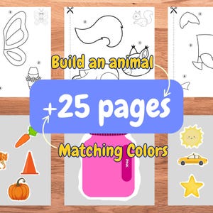 Puede incluir: Un libro de actividades infantiles con el texto "Build an animal" y "+25 pages". Las páginas presentan contornos de animales y objetos para combinar colores. Incluye una botella rosa y varias pegatinas coloridas.