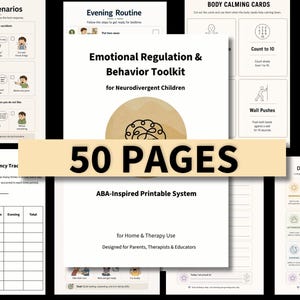 May include: A 50-page emotional regulation and behavior toolkit for neurodivergent children, featuring printable sheets with social scenarios, body calming cards, behavior frequency trackers, and daily emotional check-ins for home and therapy use.
