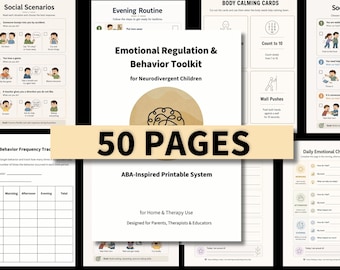 May include: A 50-page emotional regulation and behavior toolkit for neurodivergent children, featuring printable sheets with social scenarios, body calming cards, behavior frequency trackers, and daily emotional check-ins for home and therapy use.