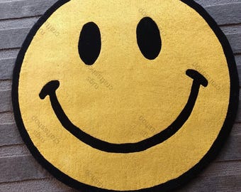 Tappeto 8 x 8 piedi con faccina sorridente, grazioso tappeto giallo trapuntato con faccina felice, tappeto rotondo estetico per camera da letto, soggiorno, cameretta dei bambini, tappeto personalizzato fatto a mano
