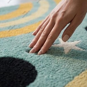 May include: A close-up of a soft, textured rug with a celestial design. The rug features a light blue background with yellow and black circular shapes and white star accents. A hand is gently touching the rug.