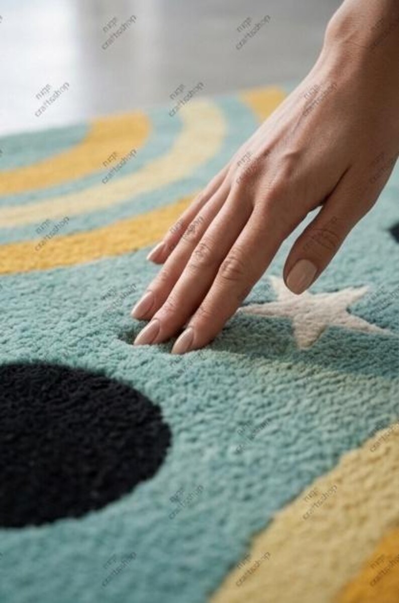 May include: A close-up of a soft, textured rug with a celestial design. The rug features a light blue background with yellow and black circular shapes and white star accents. A hand is gently touching the rug.