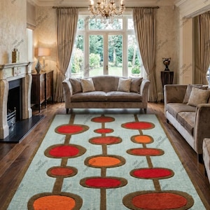 6x9ft Mid Century Modern Tufted Rug, Retro Geometric Area Rug, 70s Style Teal and Red Circle Rug, Handmade Vintage Decor for Living Room