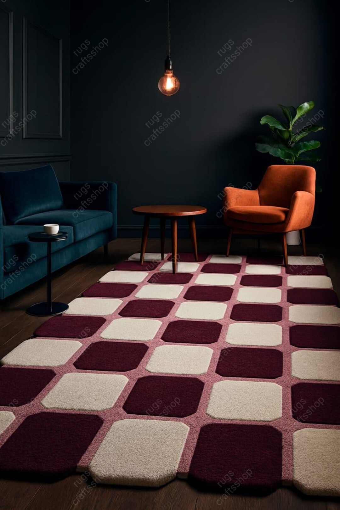 Layering Rug Maroon Modern Maroon Geometric Rug | Cream Checker Wool Carpet | Handmade Area ...