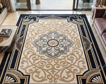 Art Deco Area Rug Mid Century Modern Hand Tufted Wool Medallion Carpet Navy Blue Beige Cream Low Pile 5x7 6x9 8x10 9x12 Custom Size Rug