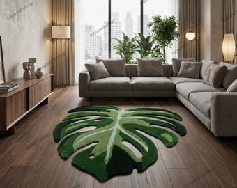 8x10 Hand Tufted Monstera Leaf Rug Green Botanical Area Rug Tropical Leaf Carpet | Modern Living Room Decor | Custom Size Luxury Rug 6x9 Rug