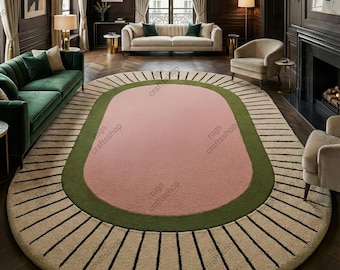 Tappeto ovale grande, moderno e retrò, annodato a mano, 244 x 305 cm, colore rosa, con motivo a raggiera color terracotta, stile moderno di metà secolo.
