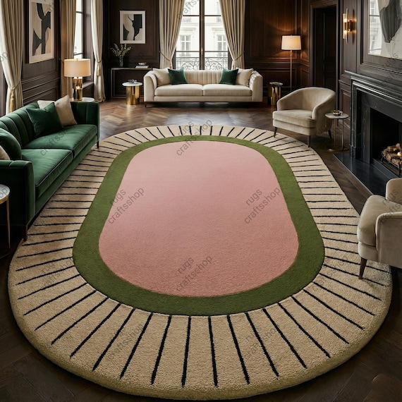 8x10ft Hand Tufted 100%wool Area Rugs Large Oval Modern Retro Rug – pink , Terracotta Sunburst Design – Mid-Century Modern Carpet