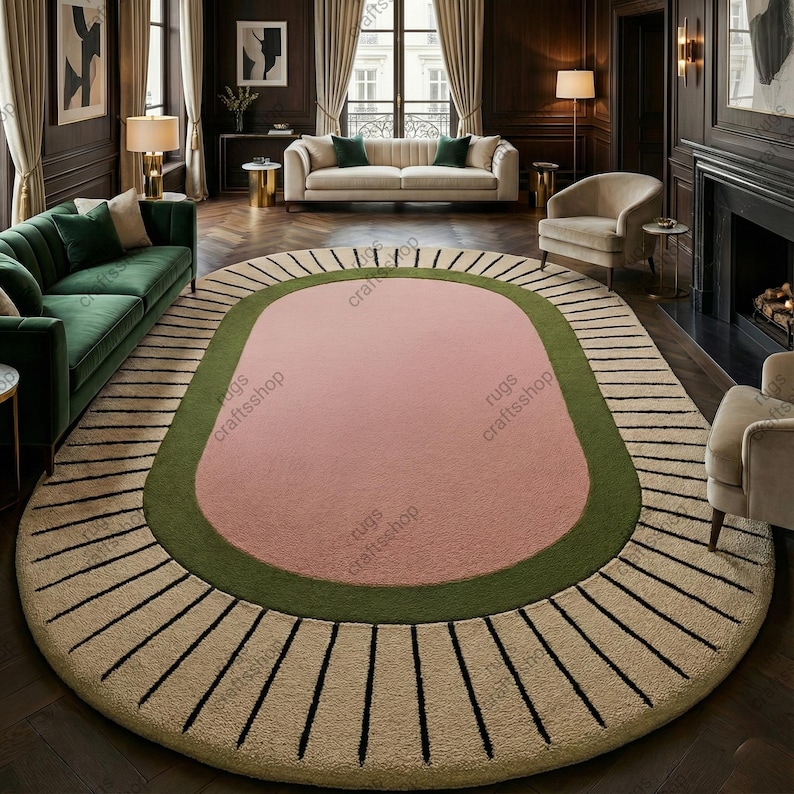 8x10ft Hand Tufted 100%wool Area Rugs Large Oval Modern Retro Rug – pink , Terracotta Sunburst Design – Mid-Century Modern Carpet