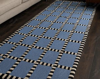 Modern Blue Geometric Rug | Checkered Wool Carpet | Striped Border Area Rug