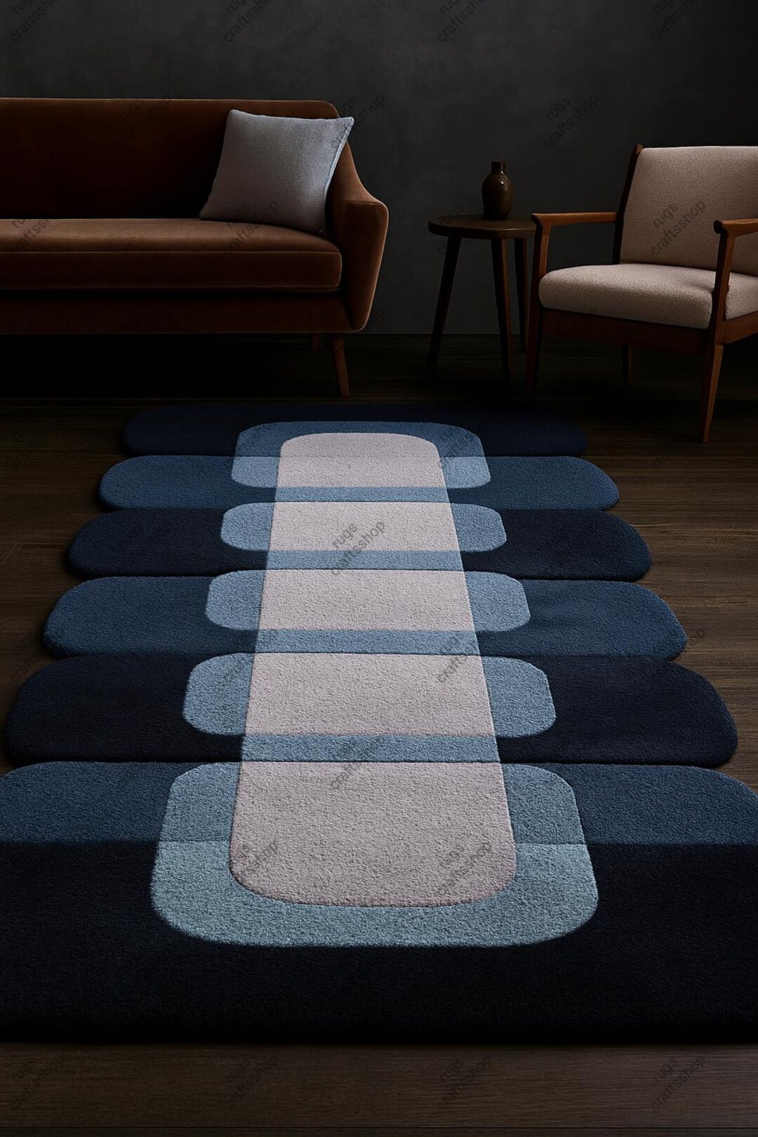 Pulse Border Rug Irregular Hand Tufted Wavy Border Rug Blue & Grey Retro Modern Area Rug ...