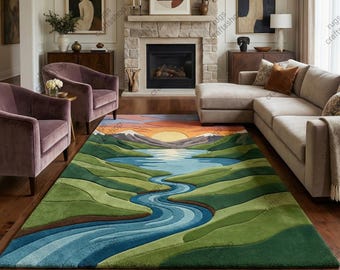 Nature Landscape Area Rug | 3D Carved Hand Tufted Wool Carpet | Sunset River Mountain Scenic Rug for Living Room | Custom Size 8x10,5x8,9x12