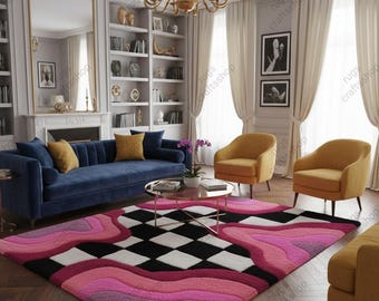 Retro Checkered Wavy Rug – Pink & Black Modern Tufted Carpet Aesthetic Checkerboard Rug for Living Room Bedroom Handmade Custom Colorful Rug