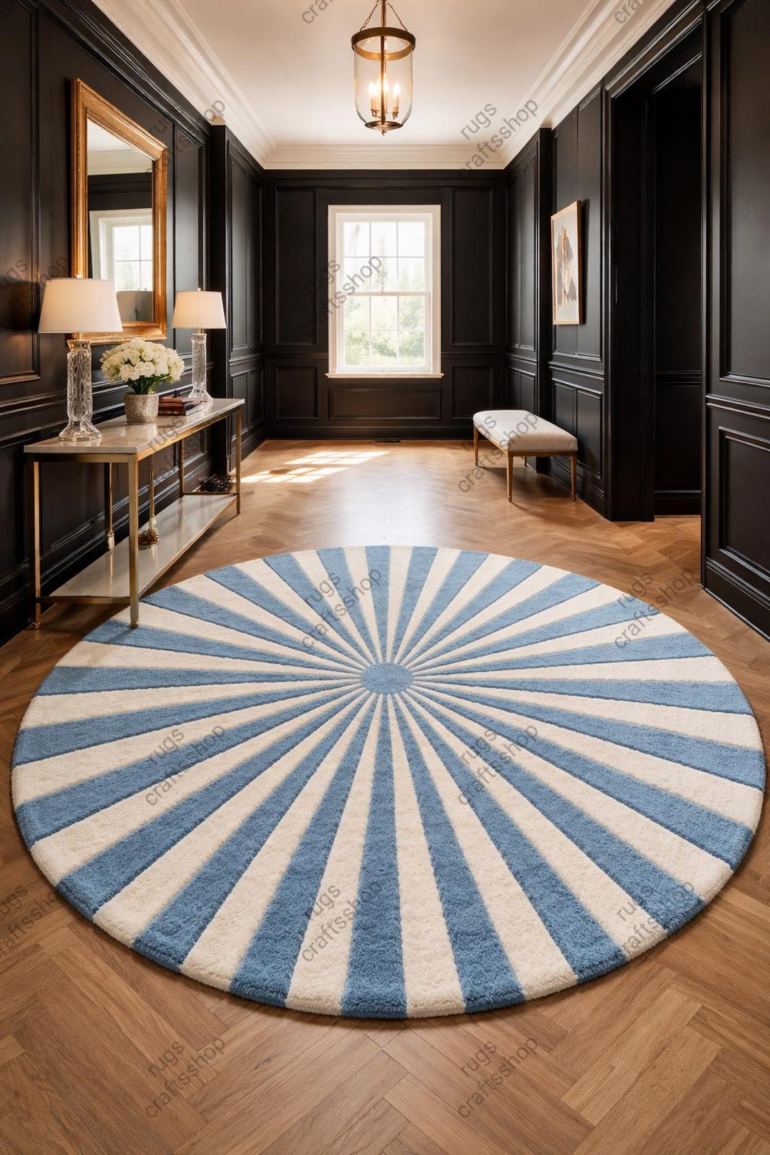 7x7 Ft Handmade Blue White Round Tufted Rug, Sunburst Design Area Rug ...