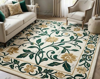 Floral Botanical Area Rug Traditional Transitional Hand Tufted Wool Vine Border Green Gold Cream Thick Plush Pile 8x10 9x12 Custom Sizes