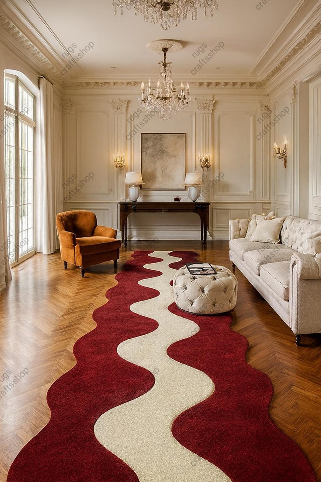 Modern Red Runner Rug Modern Wavy Runner Rug • Red & Cream Curvy Hallway Runner • Luxury ...