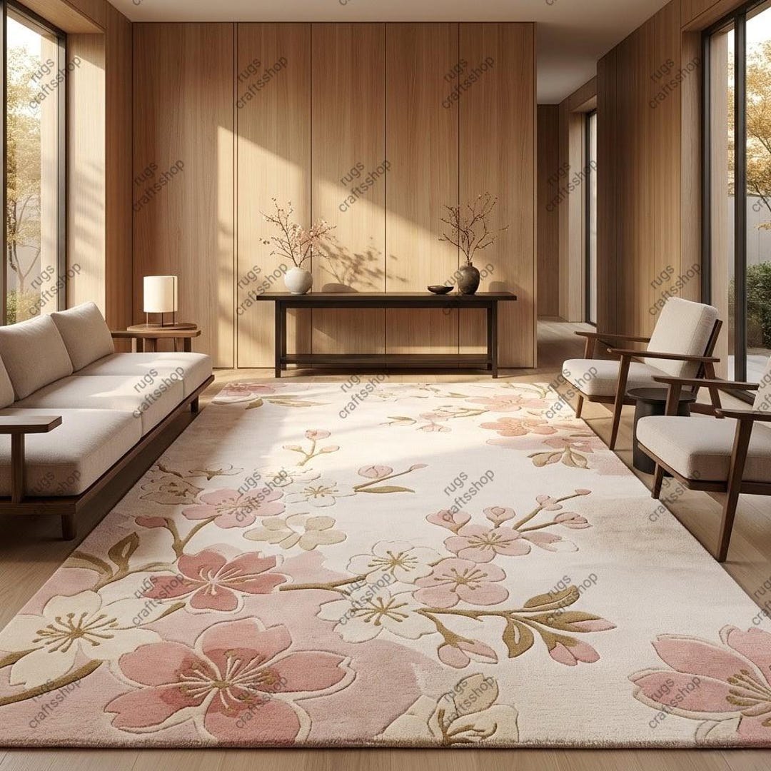 Cherry Blossom Floral Area Rug Japandi Minimalist Hand Tufted Wool ...