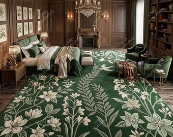 Emerald Green Floral Rug, Botanical Luxury Area Rug, Hand Tufted Wool Rug for Bedroom Living Room, Vintage Floral Carpet 5x8 8x10 9x12