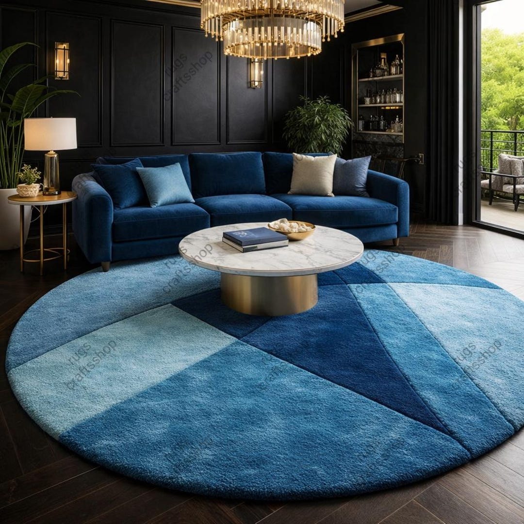 8x8 Ft Luxury Round Blue Geometric Rug – Hand Tufted Modern Area Rug ...