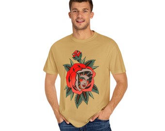 Lady Flower Tattoo T-Shirt, Tattoo Tshirt, Traditional Tattoo Inpired Clothing, Comfort Colors, Old School Tattoo Shirt, Tattoo Rose Tee