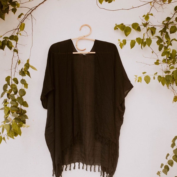 Solid Color Kimono in Black | Womens Clothing, Solid Black w/ Tassels, Comfy, Stylish, Bohemian, Lightweight, Spring, Fall, Summer Wea