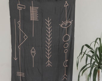 Abstract Tapestry in Charcoal | Women&#39;s Bohemian Textile, Beach Sarong, Modern Tapestry, Boho Pareo, Head Wrap, Art Deco, Wall Hanging