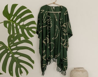 Monstera Kimono in Forest Green | Sarong Kimono, Cotton Kimono, Plus Size Kimono, Modern Apparel, Womens Kimono, Village Thrive