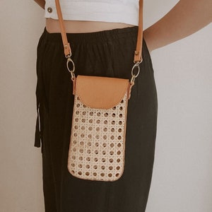 Nia Leather and Rattan Cane Phone Sling Bag