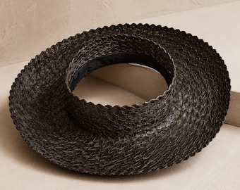 Papale Sun Hat, Natural Palm Leaf, Crownless Boho Silhouette - Handmade Bali Artisans, Black, S/M M/L