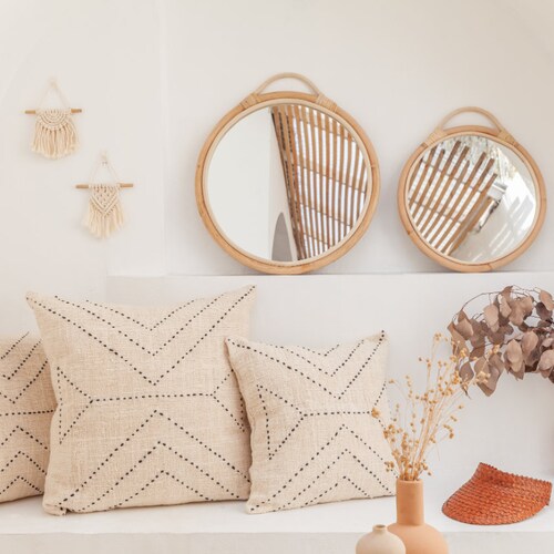 Dual Tone Round Rattan Mirror Boho Natural Wall Decor Etsy