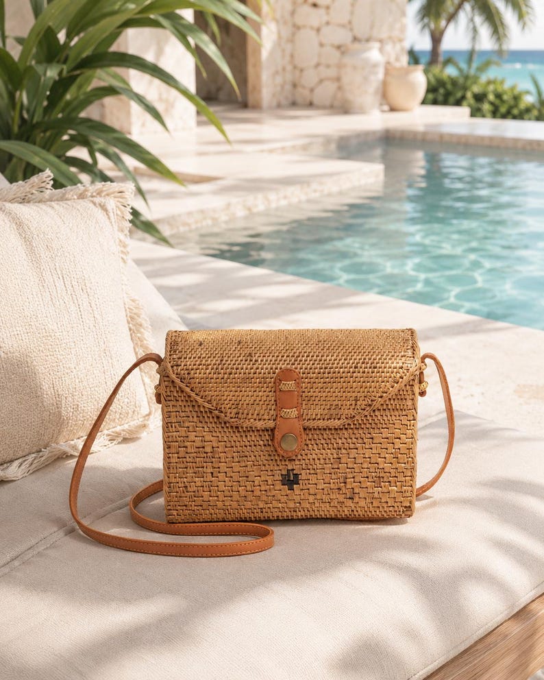 A woven straw handbag with a leather strap sits on a white cushion, with a pool and palm trees visible in the background.