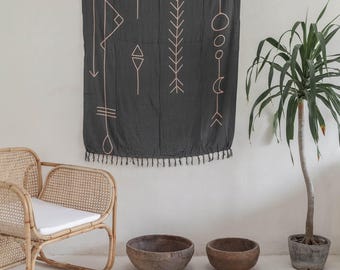 Bohemian Rayon Tapestry, Abstract Charcoal Print (66x42 inches)