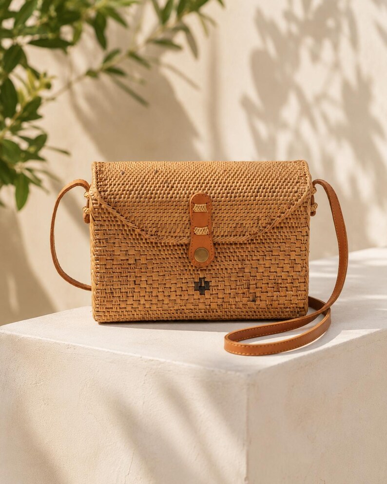 A woven purse with a leather strap sits on a white pedestal against a backdrop of greenery.