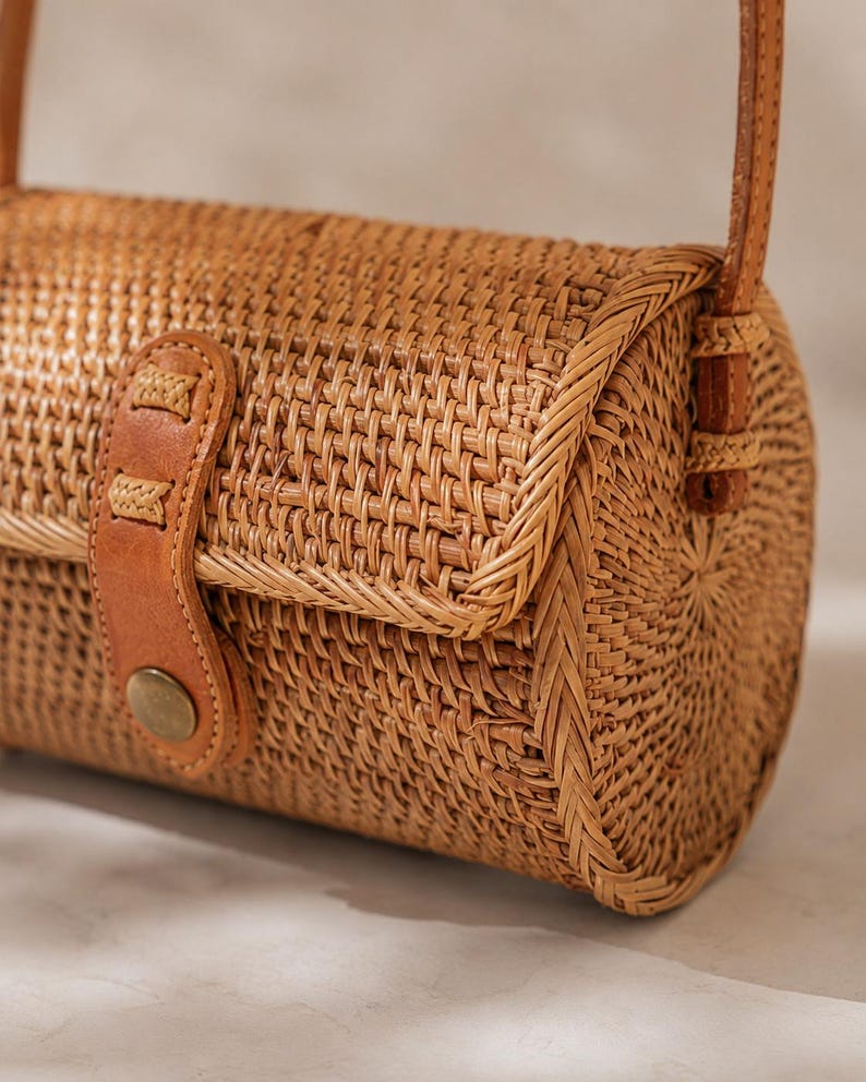 Circle Rattan Purse: Handmade Bali Bag with Leather Strap image 5