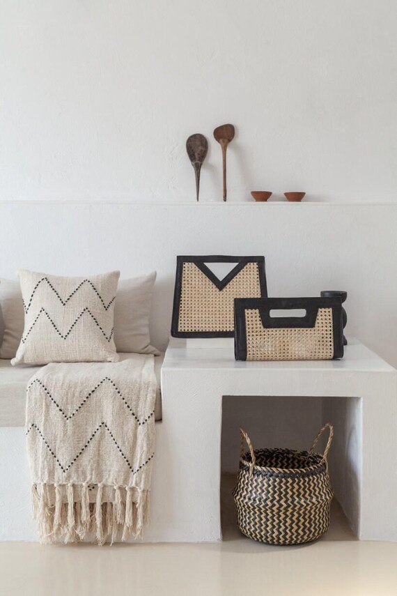 Boho Leather Clutch Raja, Rattan Detail (Handmade, Black or Camel)