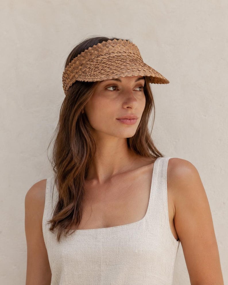 Sun Visor Hat, Amber Rattan Leaf Wide Brim, Vintage-Modern Style, UV Safe Protection, Adjustable Elastic Band image 2