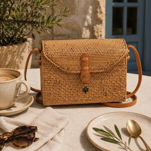 A woven purse sits on a table next to a cup of coffee, a pair of sunglasses, and a plate with a leaf.