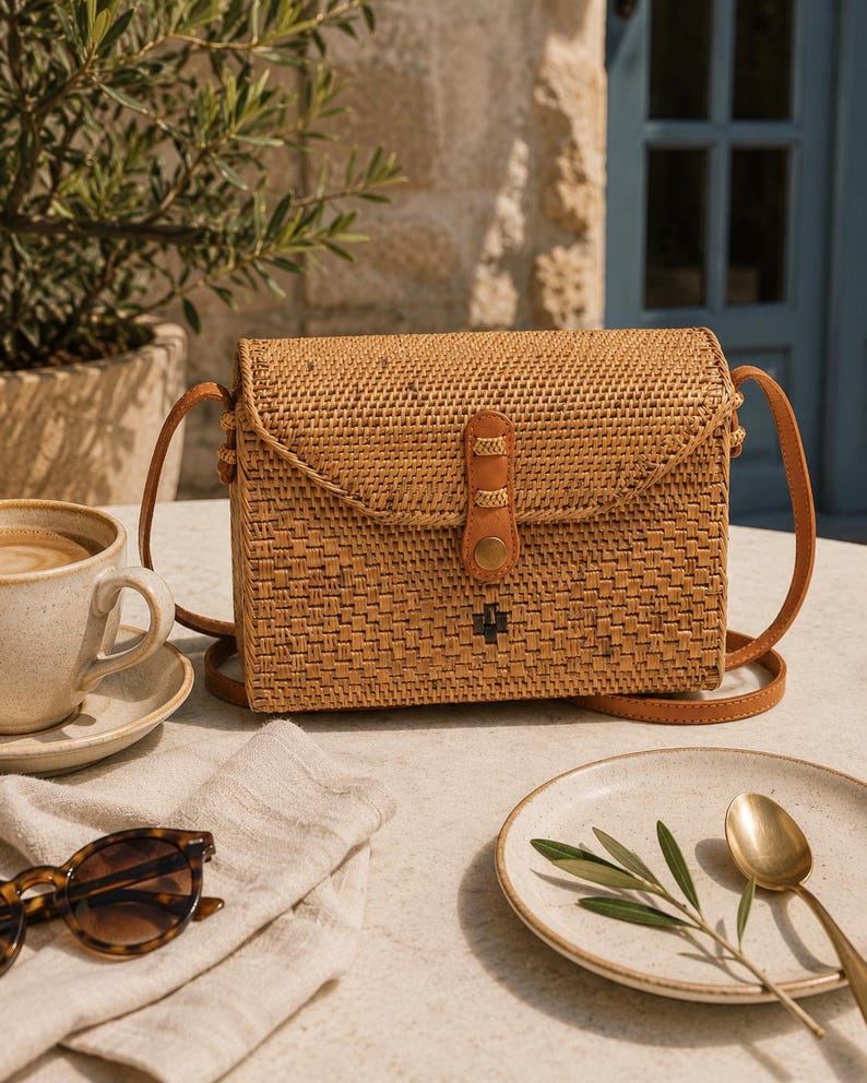 A woven purse sits on a table next to a cup of coffee, a pair of sunglasses, and a plate with a leaf.