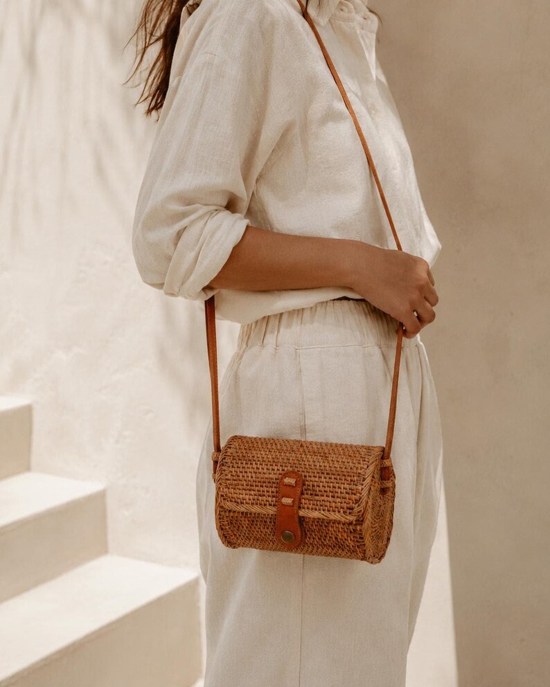 Circle Rattan Purse: Handmade Bali Bag with Leather Strap image 8