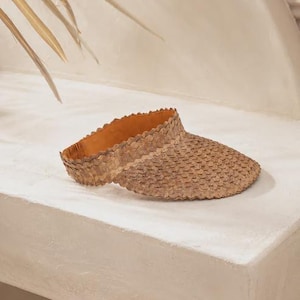 Sun Visor Hat, Amber Rattan Leaf Wide Brim, Vintage-Modern Style, UV Safe Protection, Adjustable Elastic Band image 1