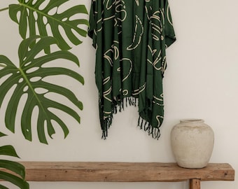 Plus Size Kimono: Monstera Print, Forest Green - Lightweight Cotton