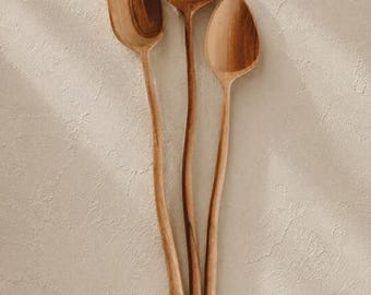 Hand Carved Teak Stirring Spoon Set - Rich Natural Wood Grain