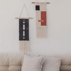 Boho Macrame Wall Hanging, Organic Cotton, Abstract Blocks (22x12")